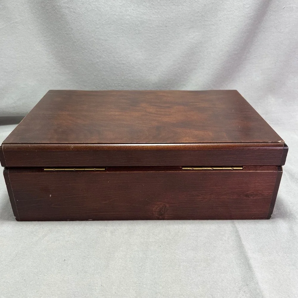 Vintage Wooden Jewelry Box Chest Red Velvet Lining Removable Tray Necklace Hooks